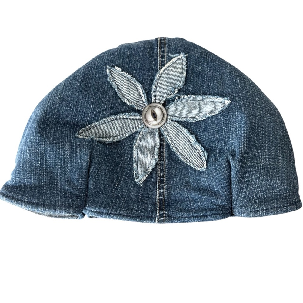 Upcycled Reversible Denim Hat Beanie Toque TNA Flower Appliqué One Of A Kind - Picture 2 of 13